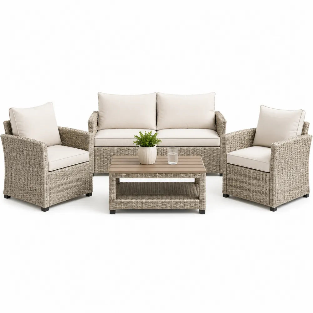 Gartenmöbel Lounge Set 4-teilig Polyrattan Gartensofa 2-Sitzer 2 Sessel Tisch 90 x 50 x 40 cm Stahlrahmen Beige Grau Naturholzoptik