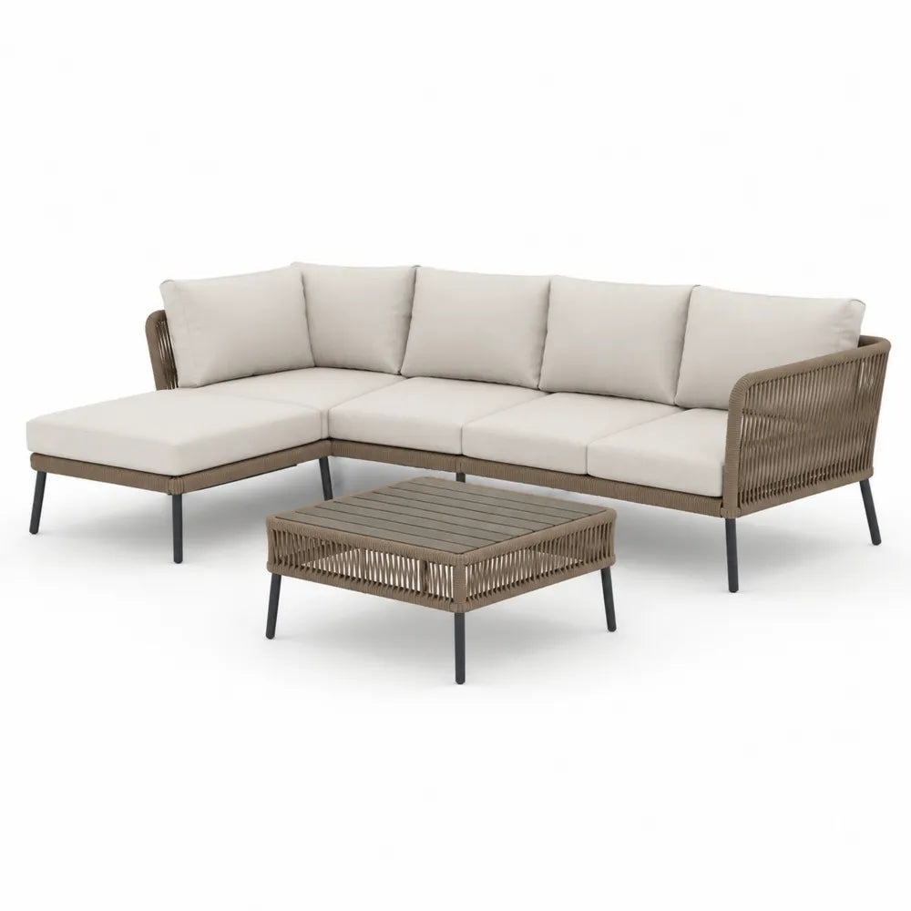 Gartenmöbel Lounge Set L-Form Gartensofa mit Chaise und Couchtisch Polyrattan Aluminiumgestell Beige Braun Schwarz