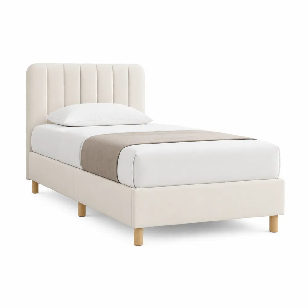 Polsterbett 90 cm x 200 cm Beige Stoff Holzrahmen geschwungenes Kopfteil rechteckig Holzbeine