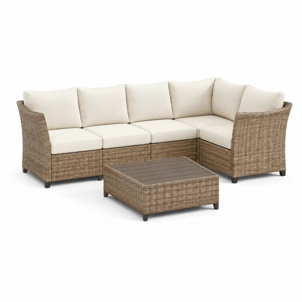Gartenmöbel Lounge Set L-Form Polyrattan Sofa mit Chaise und Couchtisch Holzoptik 220 x 150 x 75 cm Beige Braun