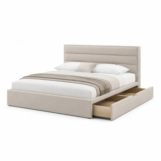 Stauraumbett Polsterbett 160 cm x 200 cm MDF Holzrahmen 2 Schubladen Beige Schwarz Holzleisten