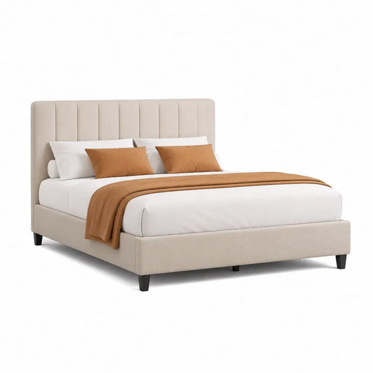 Polsterbett Bettgestell 180 x 200 cm rechteckig Beige Stoffbezug mit vertikal gestepptem Kopfteil Schwarz Beine