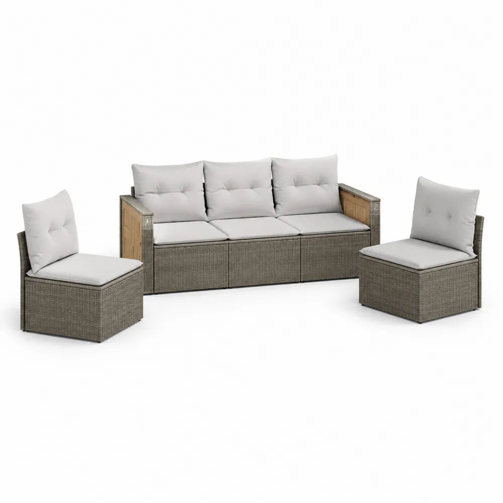 Gartensofa Set 3-teilig 5-Sitzer Polyrattan Lounge Sofa mit Kissen Grau Hellgrau Rechteckig Stahlrahmen Akazienholz