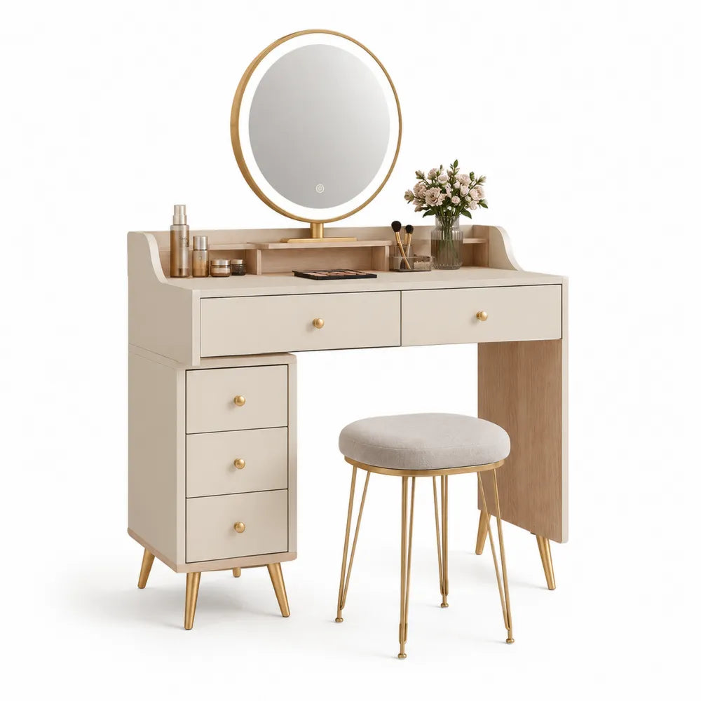 Schminktisch Set mit rundem Spiegel 100 x 40 x 140 cm Beige Holzoptik mit Schubladen und Hocker Goldfarben