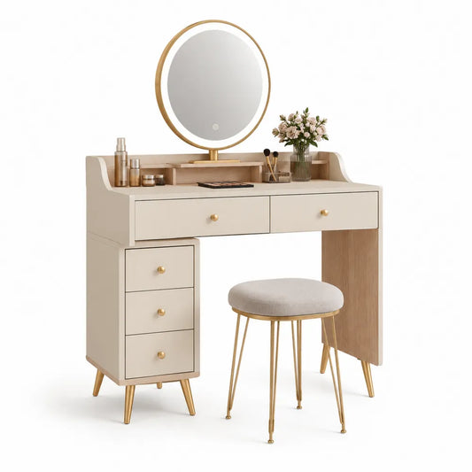Schminktisch Set mit rundem Spiegel 100 x 40 x 140 cm Beige Holzoptik mit Schubladen und Hocker Goldfarben