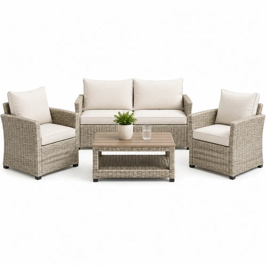 Gartenmöbel Lounge Set 4-teilig Polyrattan Gartensofa 2-Sitzer 2 Sessel Tisch 90 x 50 x 40 cm Stahlrahmen Beige Grau Naturholzoptik