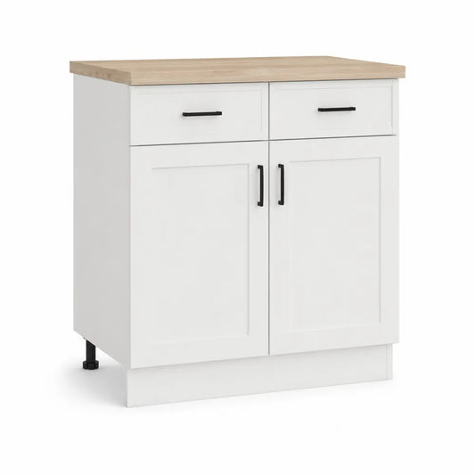 Küchenunterschrank 80 x 60 x 85 cm MDF Weiß Holzdekor Arbeitsplatte 2 Schubladen 2 Türen rechteckig