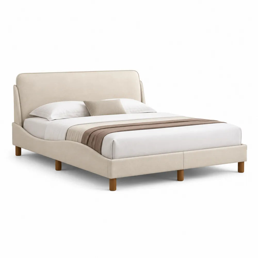 Polsterbett 180 x 200 cm Bettgestell MDF Holz Stoff Beige rechteckig mit geschwungenem Kopfteil Holzbeine