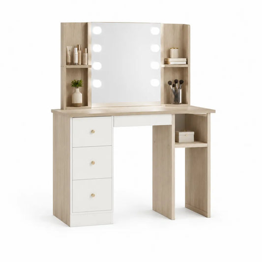 Schminktisch 110 cm x 40 cm x 142 cm Holzwerkstoff Naturbraun Weiß mit LED Spiegel 3 Schubladen und Regalen rechteckig Goldgriffe
