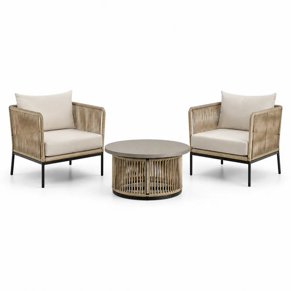 Garten Lounge Set 3-teilig mit 2 Sesseln und rundem Tisch Polyrattan Stahlrahmen Beige Grau Rundtisch Outdoor Set