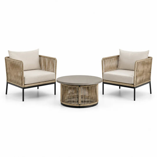 Garten Lounge Set 3-teilig mit 2 Sesseln und rundem Tisch Polyrattan Stahlrahmen Beige Grau Rundtisch Outdoor Set