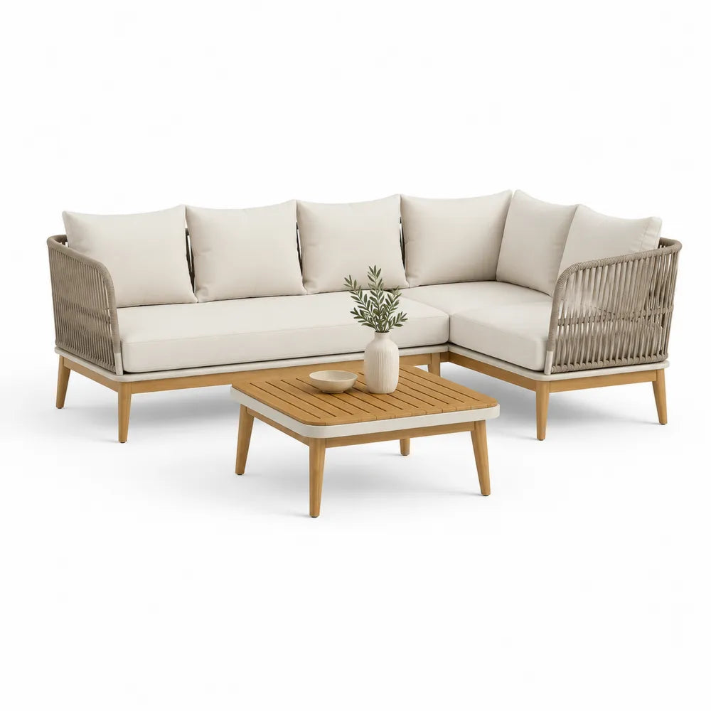 Garten Lounge Set L Form Sofa mit Couchtisch 240 cm x 180 cm x 75 cm Beige Natur Holz Metallgestell Seilgeflecht