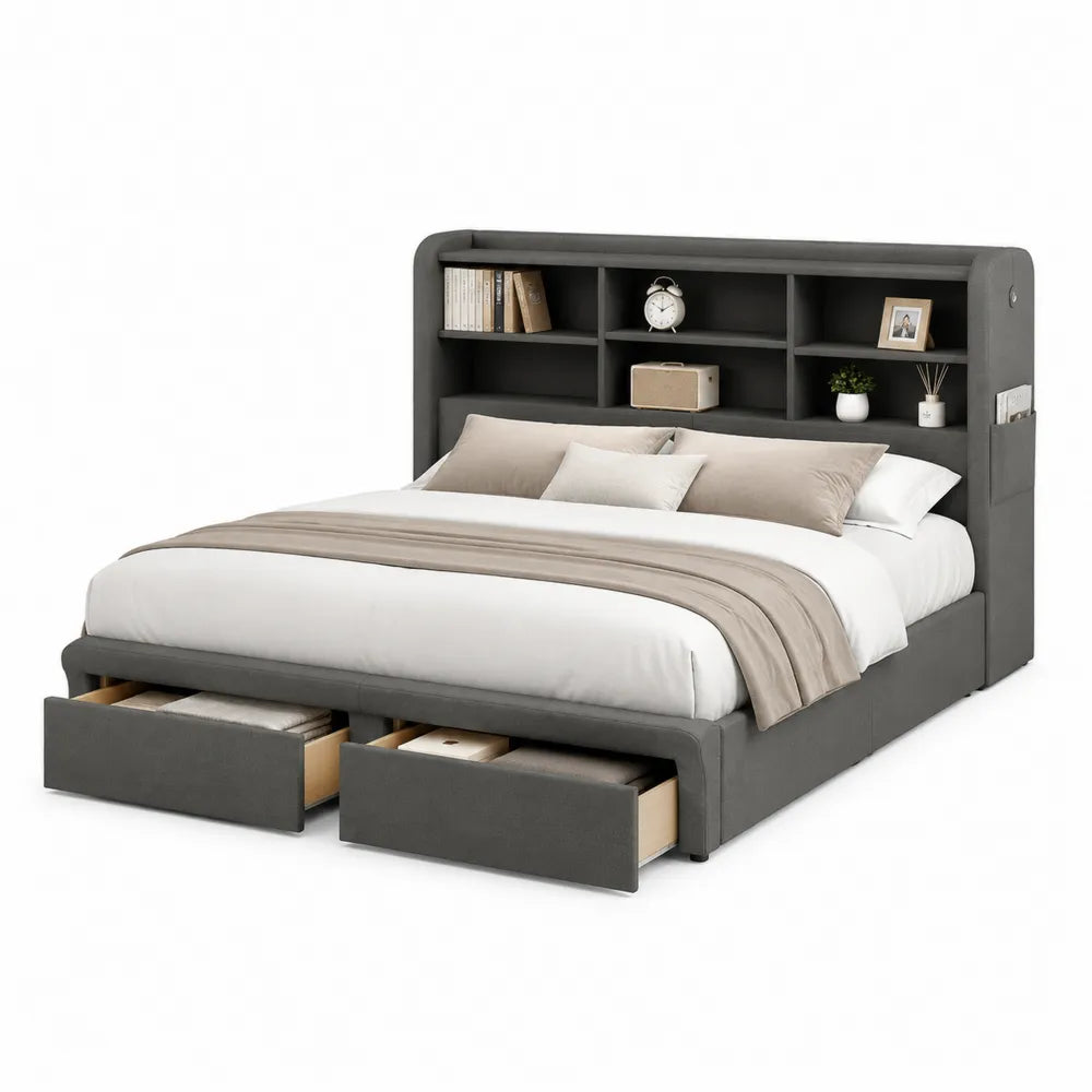 Stauraumbett 160 x 200 cm Polsterbett mit Regalkopfteil und 2 Schubladen Grau rechteckig Bettgestell