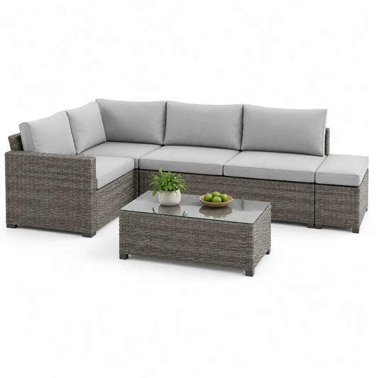 Garten Lounge Set L Form Sofa mit Couchtisch 220 cm x 150 cm x 80 cm Grau Natur PE Rattan mit Glas Tischplatte und Kissen
